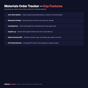 May include: A dark blue graphic with the title "Materials Order Tracker - Key Features" in white and red text. The graphic lists key features including auto-status updates, missing quantity tracking, committed cost, supplier log, delivery summary KPIs, and print-ready snapshot.