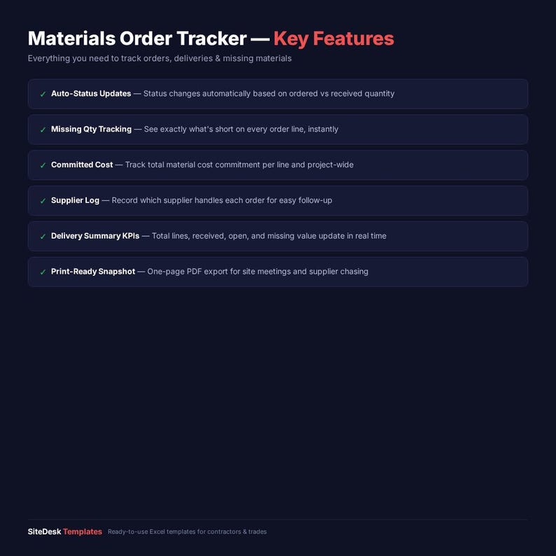 May include: A dark blue graphic with the title "Materials Order Tracker - Key Features" in white and red text. The graphic lists key features including auto-status updates, missing quantity tracking, committed cost, supplier log, delivery summary KPIs, and print-ready snapshot.