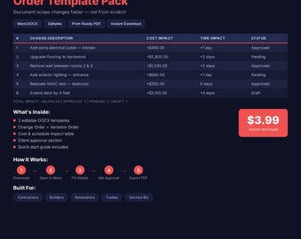 Editable Change Order Variation Template Pack for Contractors (DOCX)