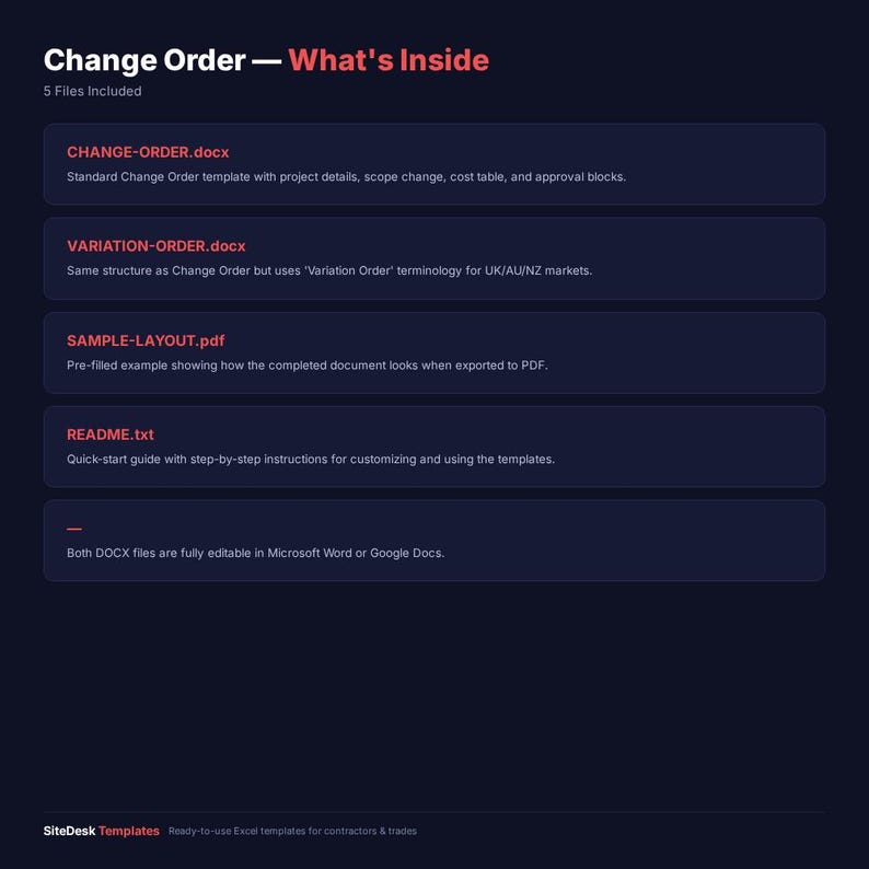 Editable Change Order Variation Template Pack for Contractors (DOCX) image 2