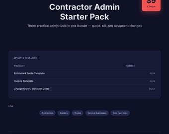 Contractor Admin Bundle: Estimate, Invoice, Change Order Templates (Excel/Sheets)