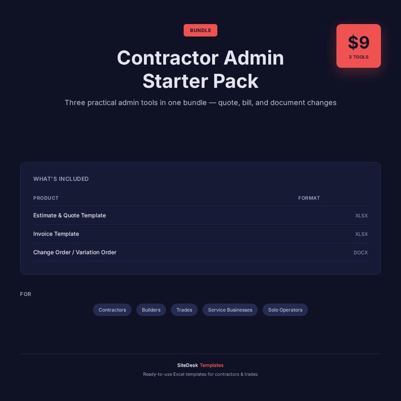 Op de afbeelding: Donkerblauwe afbeelding met de tekst "Contractor Admin Starter Pack" en een prijskaartje van &euro;9. De afbeelding toont drie praktische beheertools, waaronder sjablonen voor offertes en offertes, factuursjablonen en wijzigingsformulieren. De sjablonen zijn voor aannemers en vakmensen.