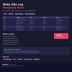 Op de afbeelding: Een donkerblauw sjabloonpakket getiteld "Daily Site Log Template Pack" met een tabel voor het volgen van crew, weer, taken en problemen. Bevat secties voor tijd, activiteit, crew, status en notities.