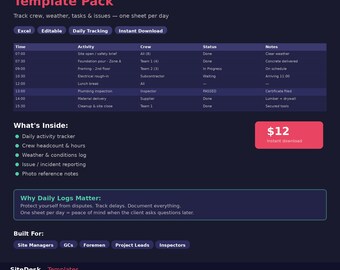 Daily Site Log Template Construction Log Excel Google Sheets Contractor Daily Report Editable Spreadsheet