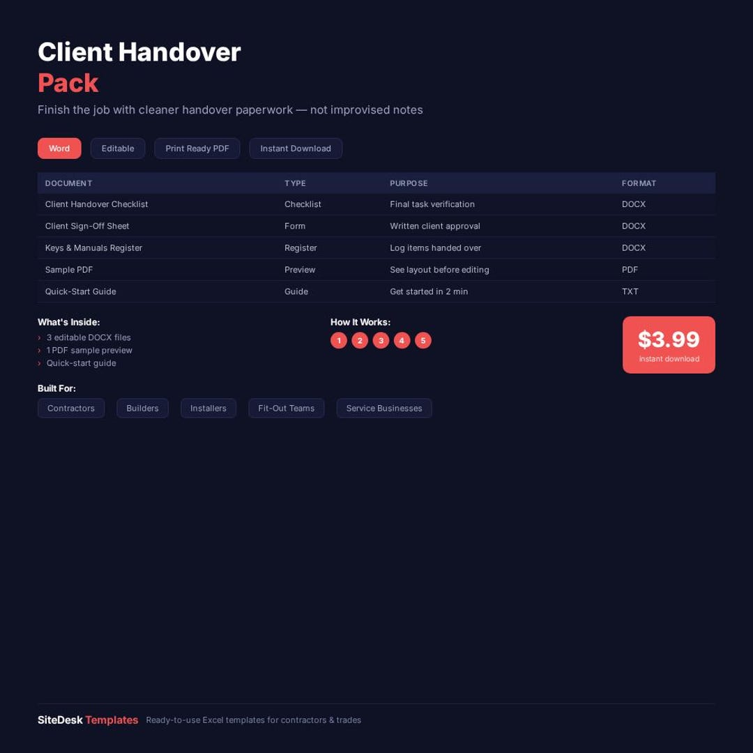 Client Handover Pack, Sign off Sheet, Completion Checklist, Editable ...