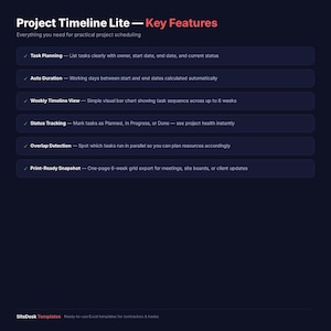 K&ouml;nnte beinhalten: Dunkelblaue Grafik mit dem Titel "Project Timeline Lite - Key Features" in Wei&szlig; und Rot. Das Bild listet Funktionen wie Aufgabenplanung, automatische Dauer, w&ouml;chentliche Zeitachsenansicht, Statusverfolgung, &Uuml;berlappungserkennung.