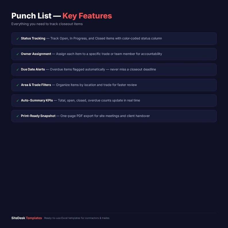 May include: A dark blue graphic with the title "Punch List - Key Features" in red. The image lists features for tracking closeout items, including status tracking, owner assignment, due date alerts, area and trade filters, auto-summary KPIs, and print-ready snapshots.