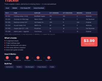 Materials Order Tracker for Contractors (Excel, Google Sheets)