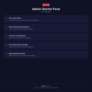 Op de afbeelding: Donkerblauwe afbeelding met de tekst "Admin Starter Pack" en "Key Features". Kenmerken zijn onder meer snellere prijsstelling van opdrachten, professionele offertes, factuur- en saldobewaking, documentatie van scopewijzigingen en veiligheid van overeenkomsten.