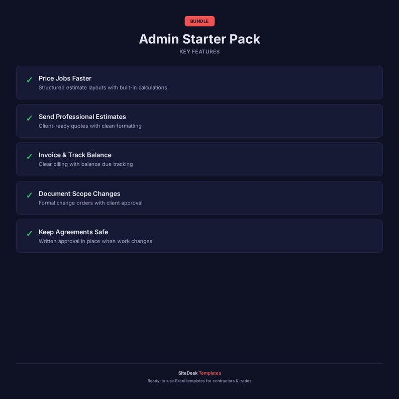 Op de afbeelding: Donkerblauwe afbeelding met de tekst "Admin Starter Pack" en "Key Features". Kenmerken zijn onder meer snellere prijsstelling van opdrachten, professionele offertes, factuur- en saldobewaking, documentatie van scopewijzigingen en veiligheid van overeenkomsten.