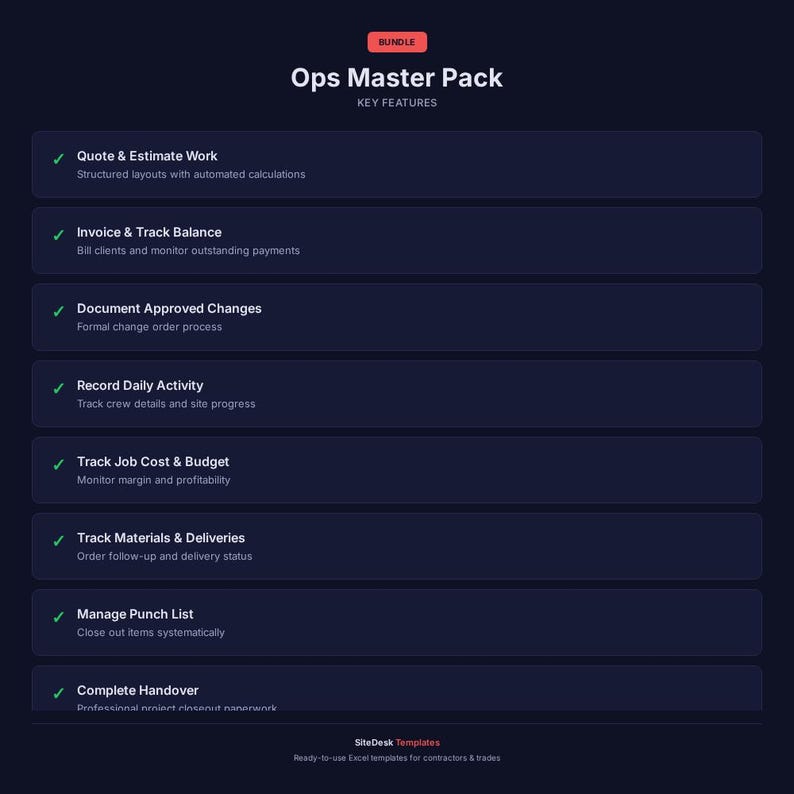 May include: A dark blue graphic with the title "Ops Master Pack" and key features listed below. Features include quote and estimate work, invoice and track balance, document approved changes, record daily activity, track job cost and budget, track materials and deliveries, manage punch list, and complete handover.