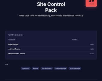 Site Control Pack: Daily Log, Job Cost, Materials Order Spreadsheets (Excel/Google Sheets)