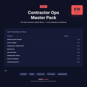 May include: A dark blue graphic with the text "Contractor Ops Master Pack" and a list of included tools. The bundle includes templates for estimates, invoices, and site logs. The graphic also includes the text "SiteDesk Templates".