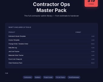Contractor Ops Master Pack: Estimate, Invoice, Site Log, Cost Tracker (Excel/Sheets)
