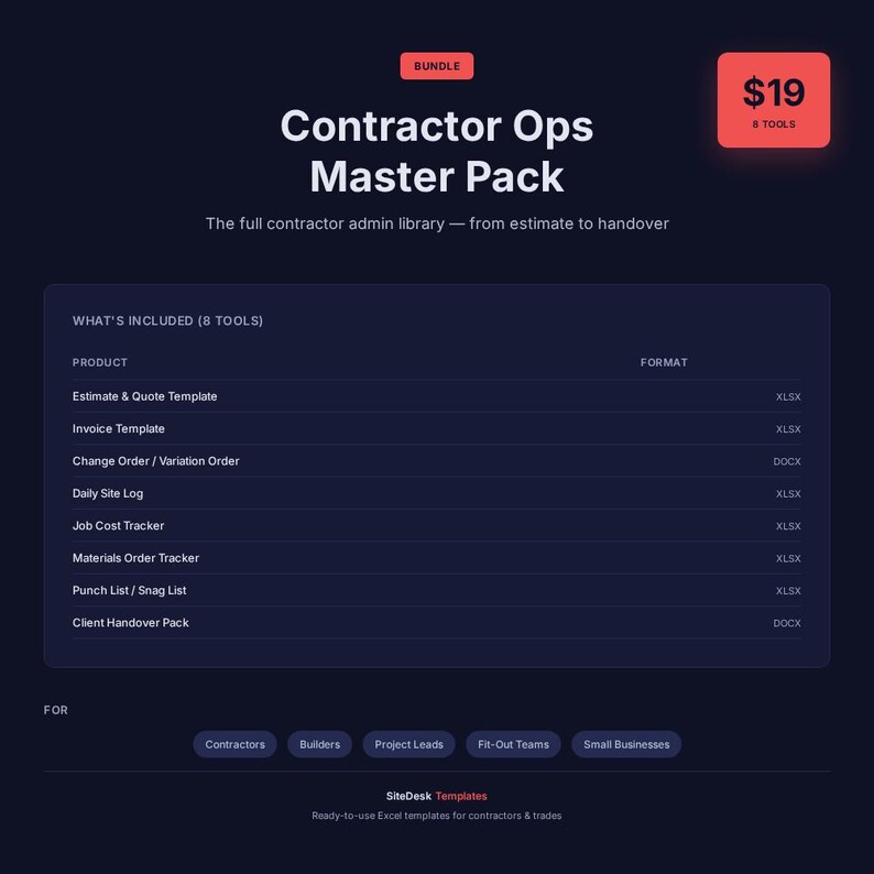 May include: A dark blue graphic with the text "Contractor Ops Master Pack" and a list of included tools. The bundle includes templates for estimates, invoices, and site logs. The graphic also includes the text "SiteDesk Templates".