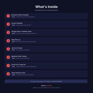 May include: A dark blue graphic with the text "What's Inside" and "CONTRACTOR OPS MASTER PACK." It lists templates for estimates, invoices, change orders, daily logs, job costs, materials, punch lists, and client handovers. Includes quick-start guides.