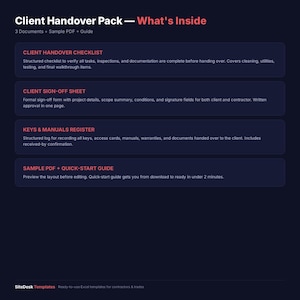 May include: A dark blue graphic with the text "Client Handover Pack - What's Inside." The graphic lists a checklist, sign-off sheet, keys register, and a sample PDF guide. The SiteDesk Templates logo is at the bottom.