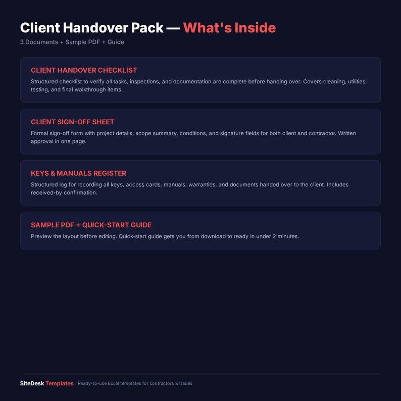 May include: A dark blue graphic with the text "Client Handover Pack - What's Inside." The graphic lists a checklist, sign-off sheet, keys register, and a sample PDF guide. The SiteDesk Templates logo is at the bottom.