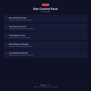 May include: A dark blue graphic with the title "Site Control Pack" and the words "Key Features" in white. The graphic lists features such as "Record Daily Site Activity" and "Track Materials & Deliveries". The word "BUNDLE" is in a red rectangle.