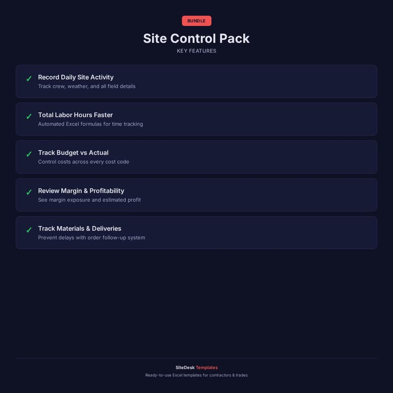 May include: A dark blue graphic with the title "Site Control Pack" and the words "Key Features" in white. The graphic lists features such as "Record Daily Site Activity" and "Track Materials & Deliveries". The word "BUNDLE" is in a red rectangle.