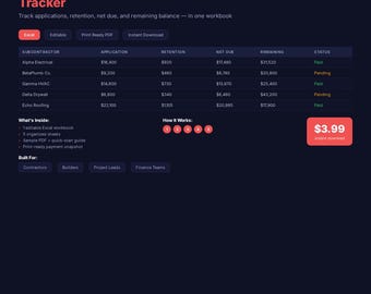 Subcontractor Payment Tracker Excel Google Sheets Retention Pay Application Log Contractor Editable Spreadsheet