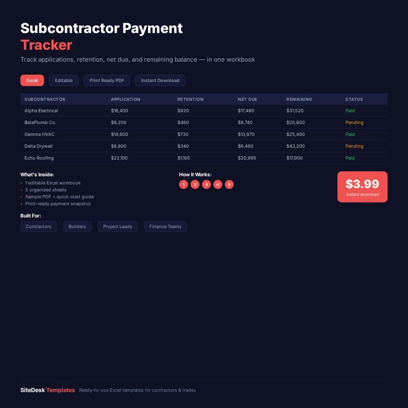 Subcontractor Payment Tracker Excel Google Sheets Retention Pay Application Log Contractor Editable Spreadsheet image 1