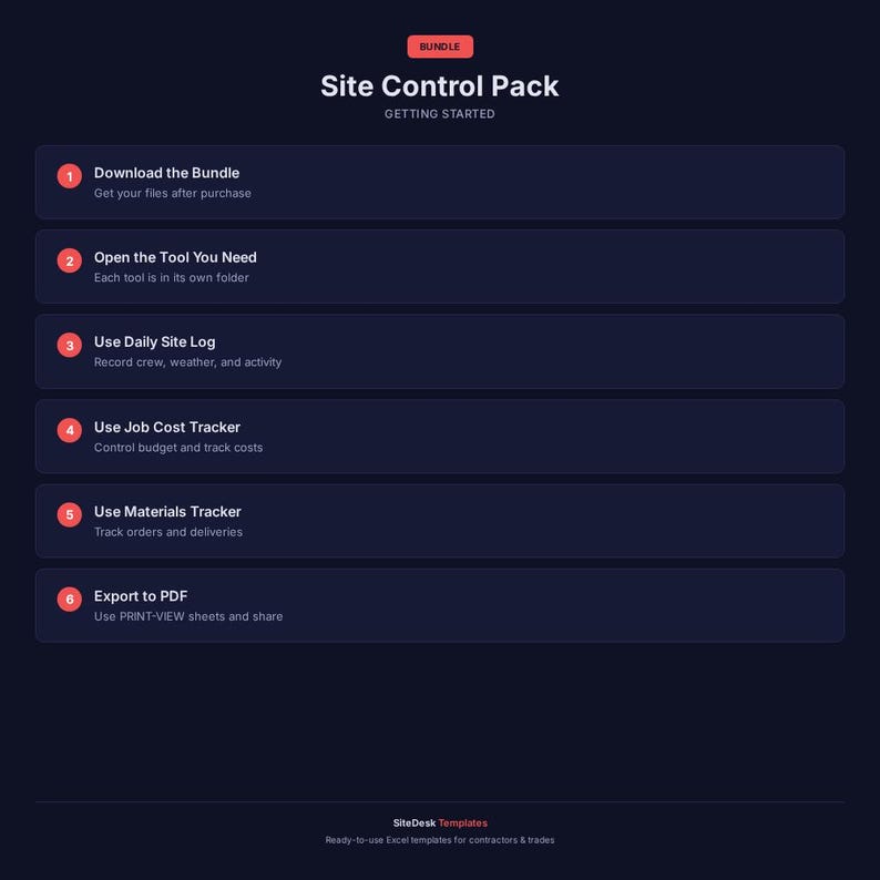 Site Control Pack: Daily Log, Job Cost, Materials Order Spreadsheets (Excel/Google Sheets) image 4