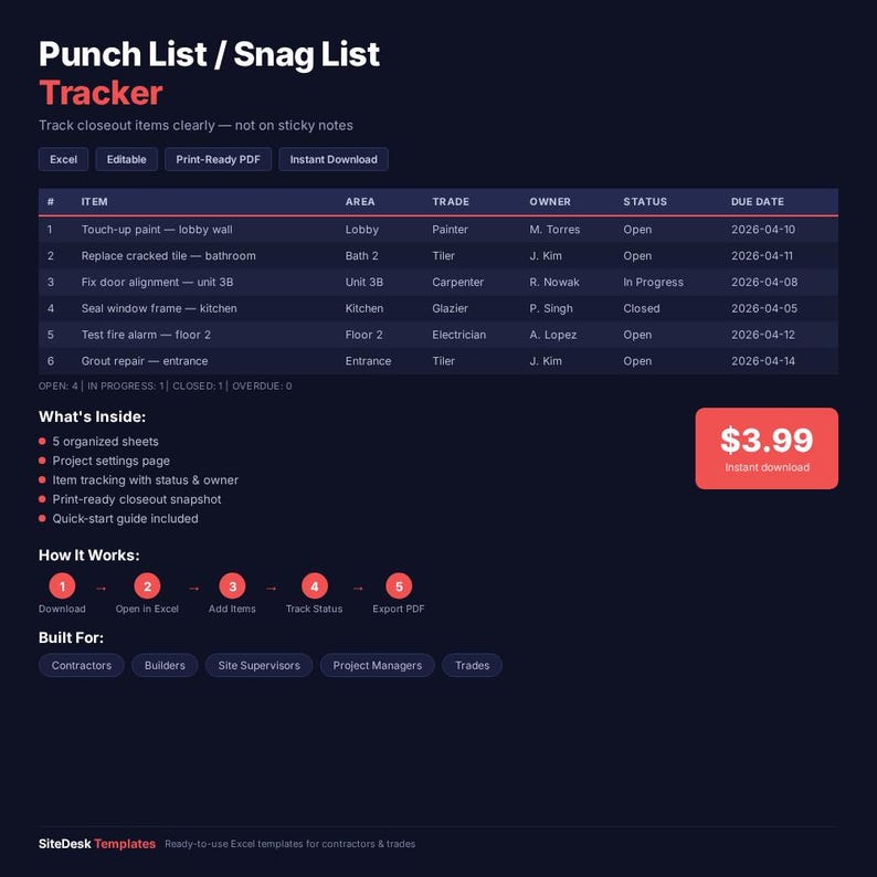 Punch List Tracker Excel Google Sheets Contractor Closeout Checklist (Digital Download) image 1