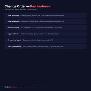 May include: A dark blue graphic with the title "Change Order - Key Features" in white and red text. The graphic lists key features such as dual terminology, cost impact table, schedule impact, approval blocks, professional layout, and fully editable DOCX.