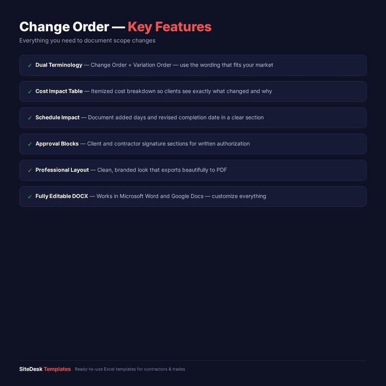 May include: A dark blue graphic with the title "Change Order - Key Features" in white and red text. The graphic lists key features such as dual terminology, cost impact table, schedule impact, approval blocks, professional layout, and fully editable DOCX.
