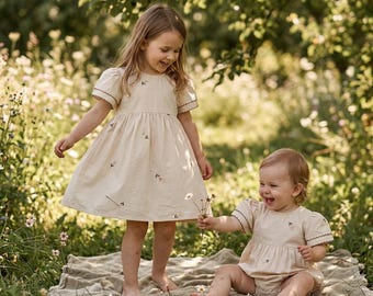 Sister Matching Outfit, Neutral Baby Romper & Toddler Dress Set, Minimal Beige Girls Outfit, Heirloom Style, Cottagecore Style Dress