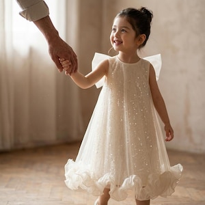 Engel Blumenmädchen Kleid, weißes Pailletten-Tüllkleid für Mädchen, Kommunionkleid, Geburtstagspartykleid, Märchenprinzessin Kleid