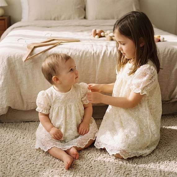 infant ivory lace dress Sister Matching Set, Baby Romper Dress, Toddler Flower Girl Dress, Vintage Lace Dress, Baptism Outfit, Baby Girl Special Occasion model-embreigh