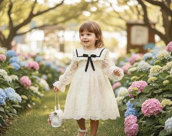 ヴィンテージレースのガールズドレス、アイボリーの幼児用パーティードレス、長袖のキッズドレス、エレガントなベビーガール衣装、クラシックな特別な機会のドレス