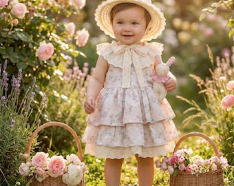 Vestido vintage floral para niña pequeña, conjunto de fiesta en el jardín con volantes de encaje.