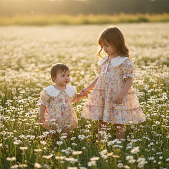 matching sister dresses Floral Dresses, Baby Romper & Girls Dress Set, Vintage Cottagecore Outfit, Sibling Matching Clothes Color:Light Blue As Picture family photos P2605 SHEIN Privé Women's Square Easter outfits