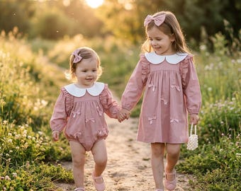 Conjunto a juego para hermanas, pelele rosa para bebé y vestido para niña pequeña, conjunto de estilo vintage para niñas, vestidos a juego para hermanas, vestido de herencia.
