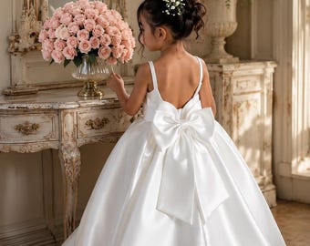 Witte satijnen bloemenmeisjesjurk, elegante trouwjurk meisjes, verjaardagsjurk prinses, communiejurk, formele peuterjurk