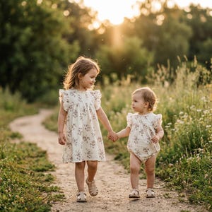 May include: Two young children, holding hands, walk along a dirt path. They wear matching cream-colored dresses and rompers with a floral pattern. The dresses have ruffled sleeves. The background is a field with tall grass and trees.