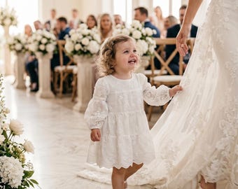 Vestido de niña de flores bordado en mezcla de algodón blanco, conjunto para niña pequeña con dobladillo de encaje escalonado