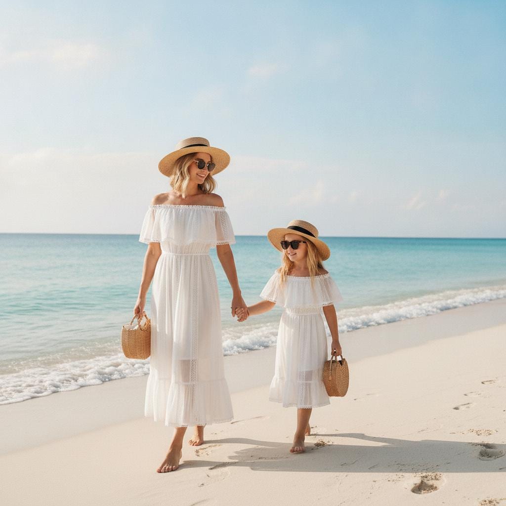 Matching Mommy and Me White Beach Dresses, Off Shoulder Family Vacation Outfits, Mother Daughter Matching Dresses, Summer Photoshoot Set