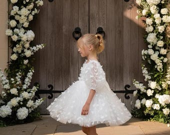 White Flower Girl Dress, Puffy Tulle Girls Dress, Butterfly Sleeve Dress, Princess Birthday Dress, Wedding Party Dress