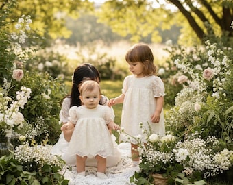Sister Matching Set, Ivory Lace Baby Romper Dress, Toddler Flower Girl Dress, Vintage Lace Dress, Baptism Outfit, Baby Girl Special Occasion