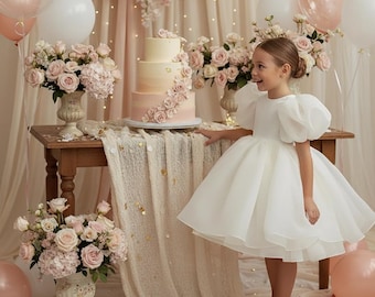 White Puff Sleeve Girl Dress, Tulle Party Dress, Flower Girl Dress, Birthday Dress, Elegant Toddler Dress