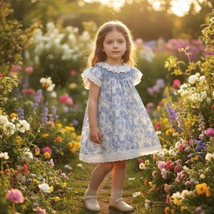 May include: A young girl in a blue and white floral dress with a frilled collar and sleeves, trimmed with white lace. She stands in a garden of colourful flowers, with the sun shining in the background.