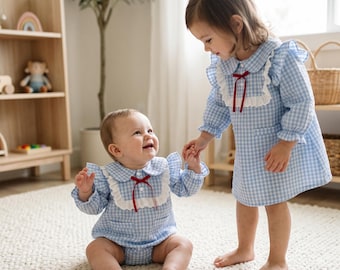 Ensemble soeur assortie, barboteuse vichy bleu et robe pour tout-petits, tenue pour fille Style vintage, col claudine classique