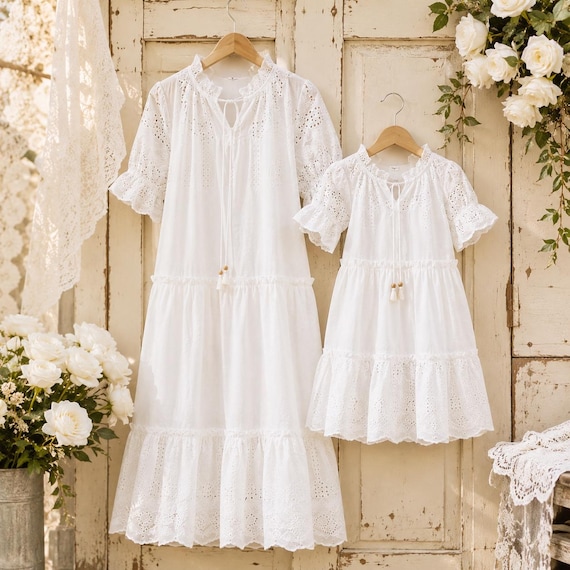 Buy Matching Mommy and Me Beach Dresses, White Eyelet Summer Dress, Mother Daughter Matching Outfit, Family Vacation Dress Online in India