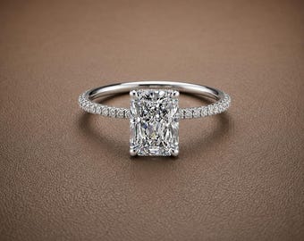 3CT Radiant Cut Engagement Ring Moissanite Pave Band Ring Lab Grown Diamond Upgrade Hidden Halo Bridal Ring