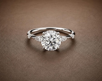 4CT Round Cut Moissanite Engagement Ring with Marquise Side Stones – Solitaire Bridal Jewelry