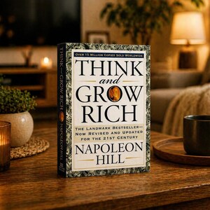 Pode incluir: Um exemplar de capa dura de "Think and Grow Rich" de Napoleon Hill, com o texto "Over 15 Million Copies Sold Worldwide". O livro est&aacute; numa mesa de madeira ao lado de uma vela acesa e de uma caneca de caf&eacute;. A capa do livro &eacute; creme e preta.